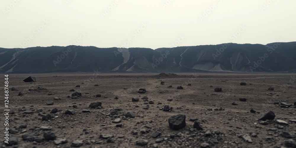 A desolate, rocky expanse stretches towards a dark, imposing mountain range under a pale sky. A desolate, rocky expanse stretches towards a dark, imposing mountain range under a pale sky.