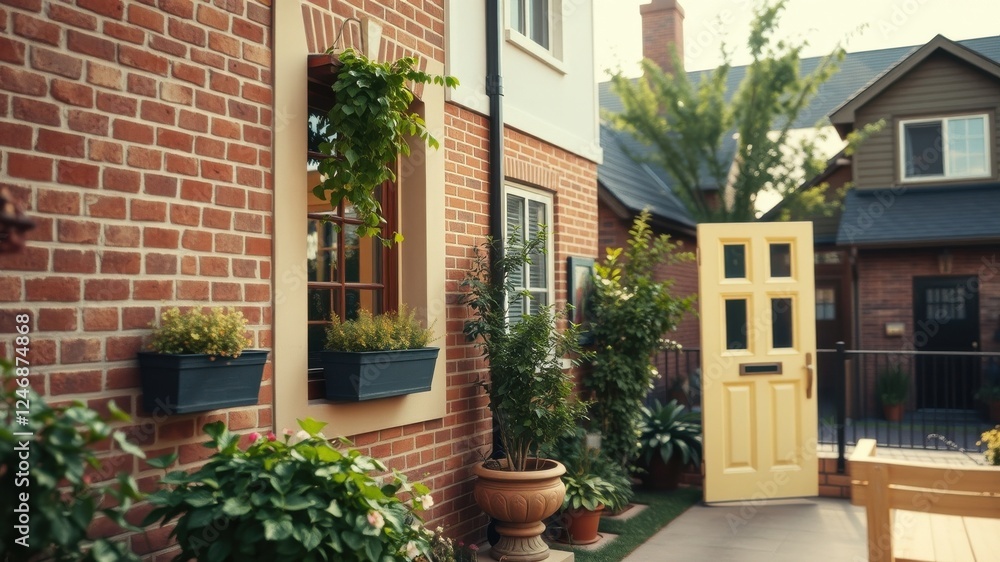 Charming Brick Home Exterior with Lush Greenery and Yellow Door Charming Brick Home Exterior with Lush Greenery and Yellow Door