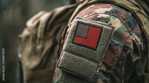 A military uniform with a patch being attached to it using a hook-and-loop fastening system, highlighting its practicality photo