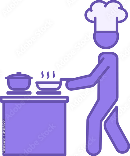 Colored Cook Icon. Vector Icon. Chef in Hat Cooking Food on Stove. Saucepan with Lid, Frying Pan with Cooked Food. Restaurant Concept