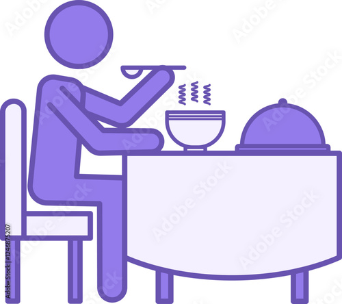 Colored Eating Icon. Vector Icon. Man Eating Hot Soup With Spoon. Customer In Public Catering Establishment. Ready Meal On Table And Man Sitting On Chair. Restaurant Concept