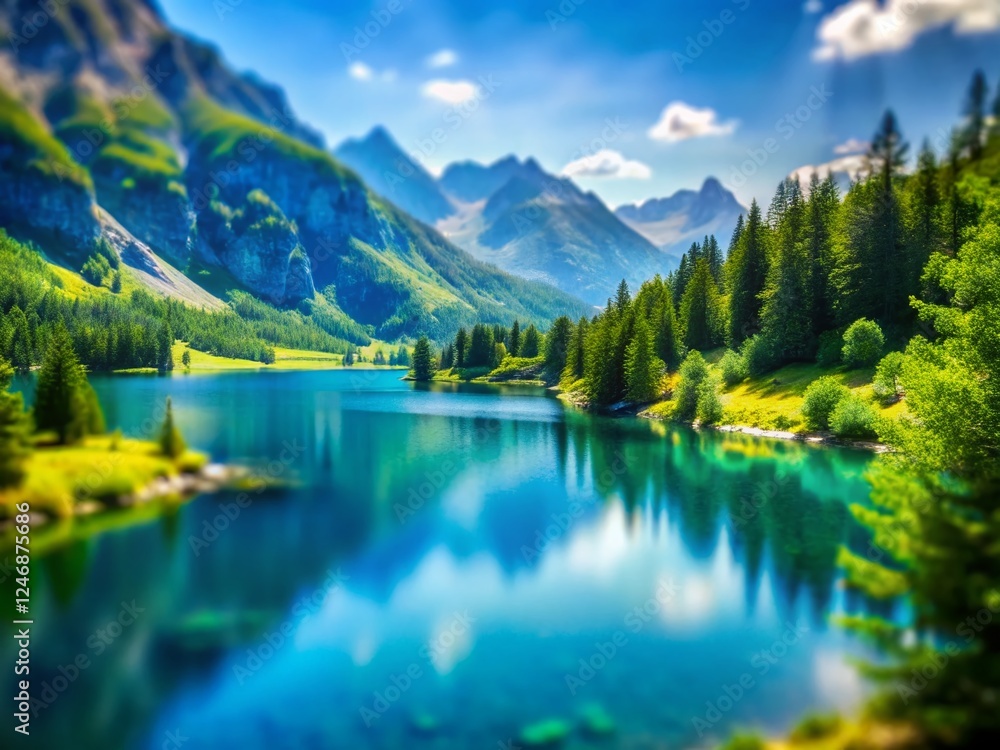Miniature Blue Mountain Lake Watercolor Painting - Tilt-Shift Photography Miniature Blue Mountain Lake Watercolor Painting - Tilt-Shift Photography