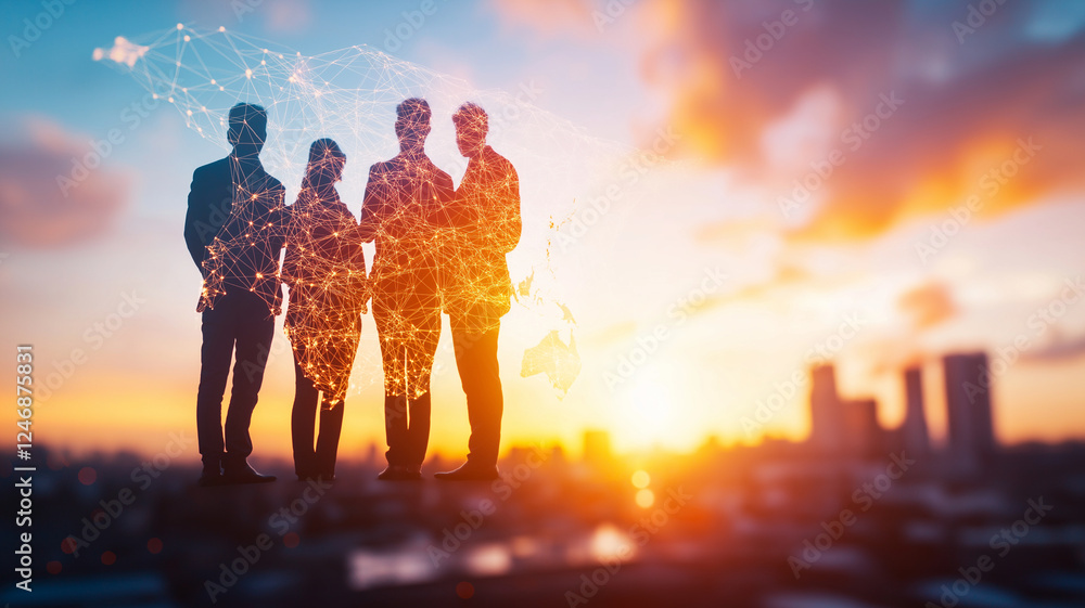 Fototapeta premium Business professionals standing together against sunset backdrop, symbolizing teamwork and connectivity. image conveys sense of collaboration and innovation in modern environment