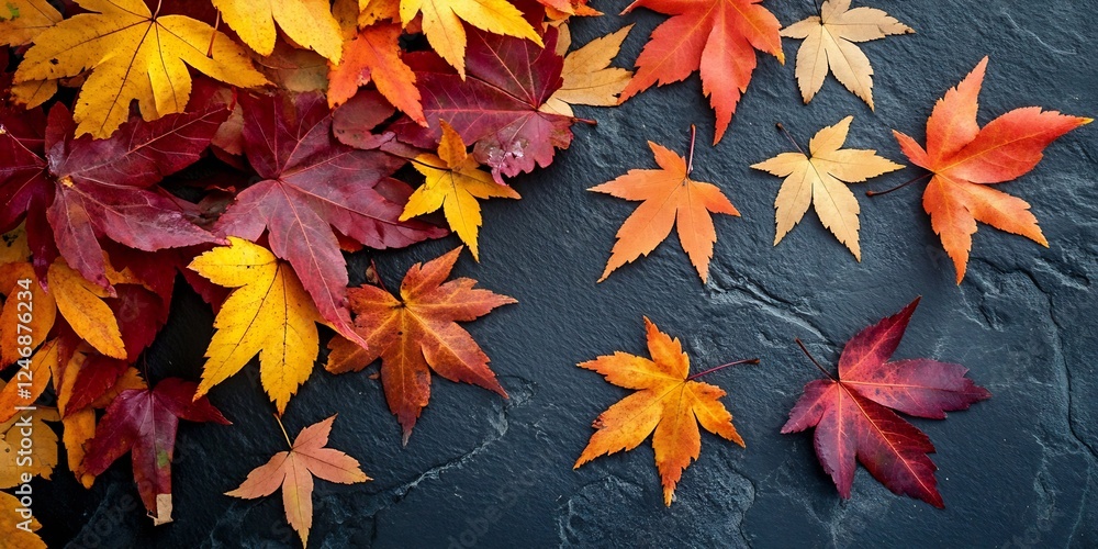 Vibrant fall maple leaves in rich red and orange hues scattered on textured stone surface : Generative AI Vibrant fall maple leaves in rich red and orange hues scattered on textured stone surface : Generative AI