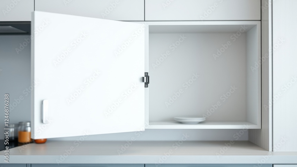 A partially open minimalist white kitchen cabinet reveals an empty shelf with a single plate A partially open minimalist white kitchen cabinet reveals an empty shelf with a single plate