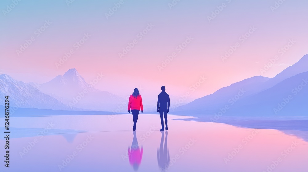 Couple walking by tranquil water at sunset. Couple walking by tranquil water at sunset.