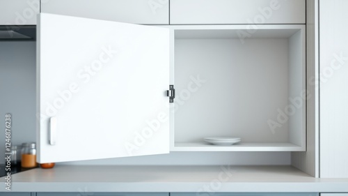 A partially open minimalist white kitchen cabinet reveals an empty shelf with a single plate