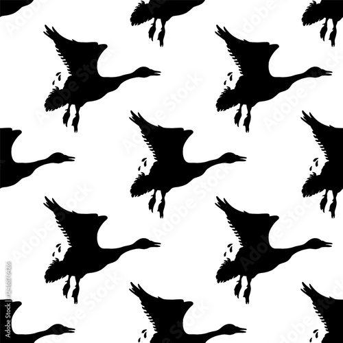 Canada geese. Black silhouettes of flying birds. Seamless pattern. Hand-drawn graphic design. Vector illustration on white background.