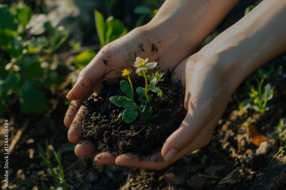 Fototapeta premium Hands gently holding seedling in soil for eco-friendly gardening