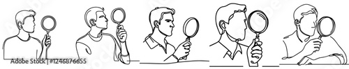vector continuous line set of people with magnifying glasses