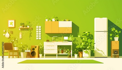 Sunny green kitchen interior with plants, furniture, and appliances