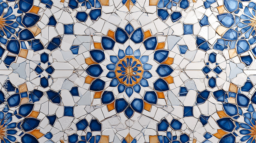 Intricate blue, gold, white mosaic tile pattern. Intricate blue, gold, white mosaic tile pattern.