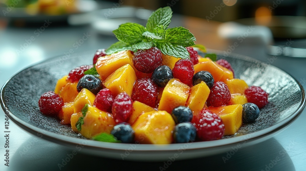 Delicious mango and berry salad on a dark plate. Delicious mango and berry salad on a dark plate.