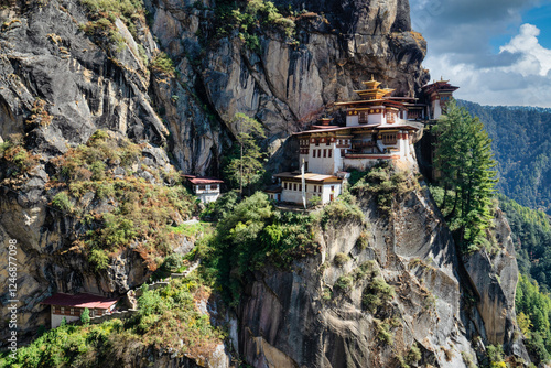 Tiger's Nest Monastery (Paro Taktsang) on a cliffside, Paro Valley, Bhutan photo