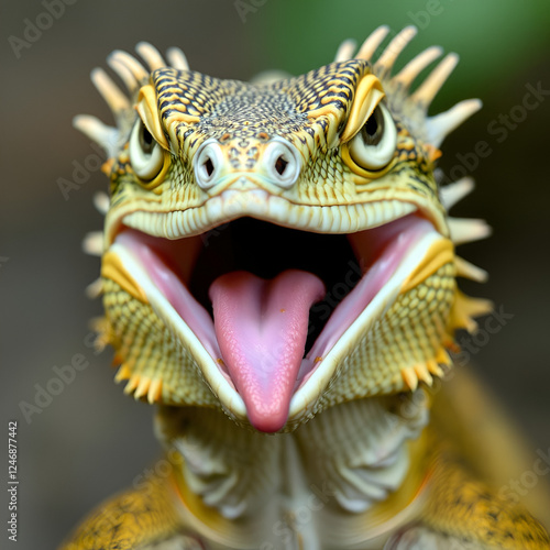 A close-up portrait of a frilled lizard with its mouth open and tongue extended, revealing its sharp teeth and textured scales. photo