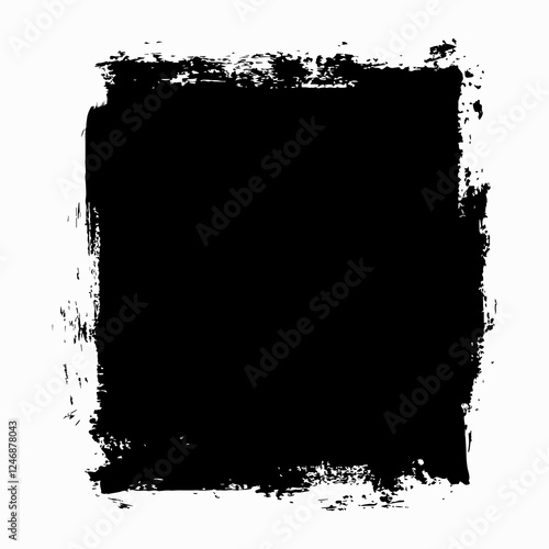A grunge black square created with thick brush strokes, featuring rough edges and a textured, distressed look. This abstract design adds a raw, artistic touch, ideal for backgrounds, overlays.