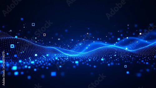 Dark background with blue pixel pattern. Vector illustration of abstract bg with geometric square elements grid. digital backdrop with dissolve rectangle dot particle mosaic gradient texture.