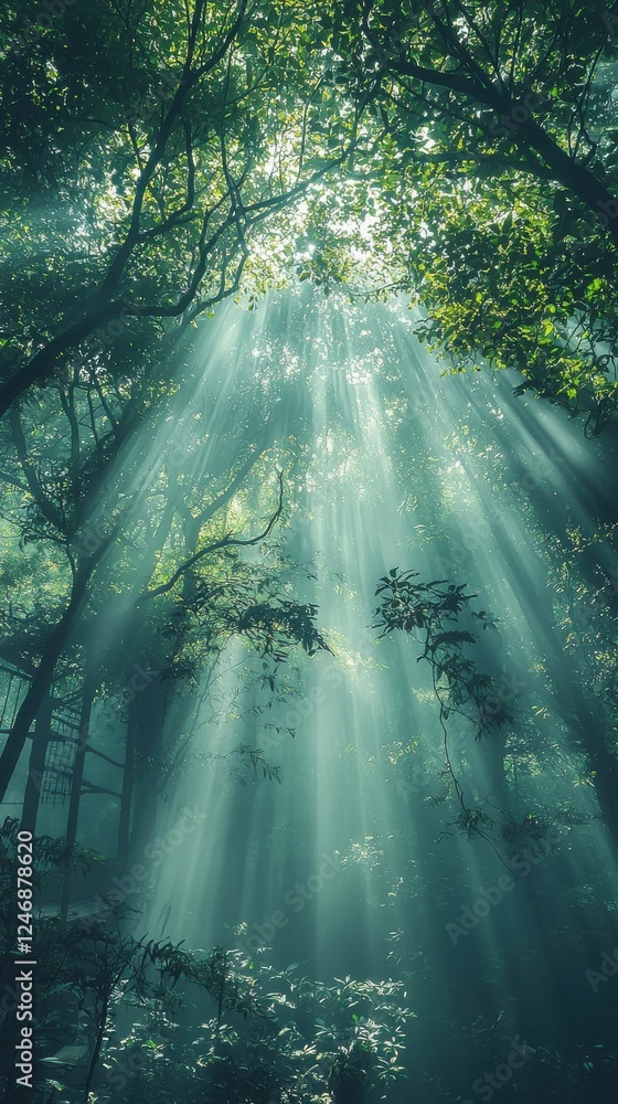 Obraz premium Sunlight beams through dense forest canopy nature exploration tranquil environment serene viewpoint