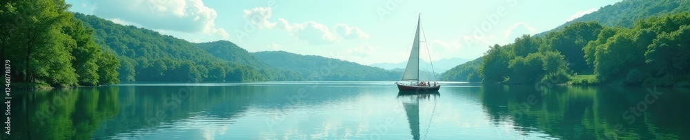 Fototapeta premium small sailboat on the lake in a calm atmosphere, lake, green