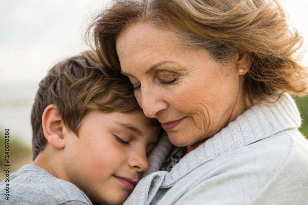 Heartwarming embrace between grandmother and grandchild outdoors Heartwarming embrace between grandmother and grandchild outdoors