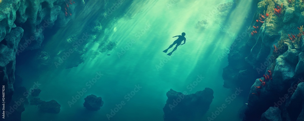 Fototapeta premium Diver exploring vibrant underwater landscape.