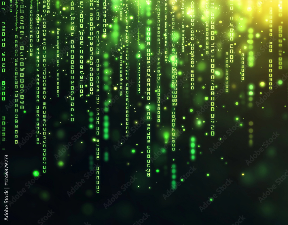 Obraz premium Digital green binary code cascading down in dark background, creating futuristic and tech inspired atmosphere. glowing effect adds depth and intrigue to scene