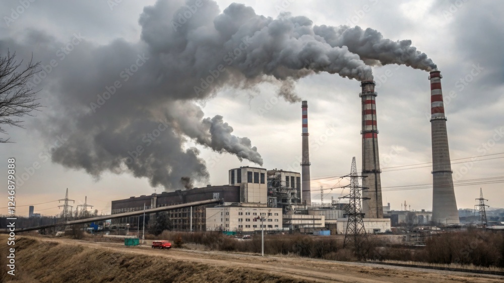 A large factory with towering smokestacks releasing thick, dark smoke into the sky, symbolizing industrial air pollution and its contribution to PM 2.5 levels A large factory with towering smokestacks releasing thick, dark smoke into the sky, symbolizing industrial air pollution and its contribution to PM 2.5 levels