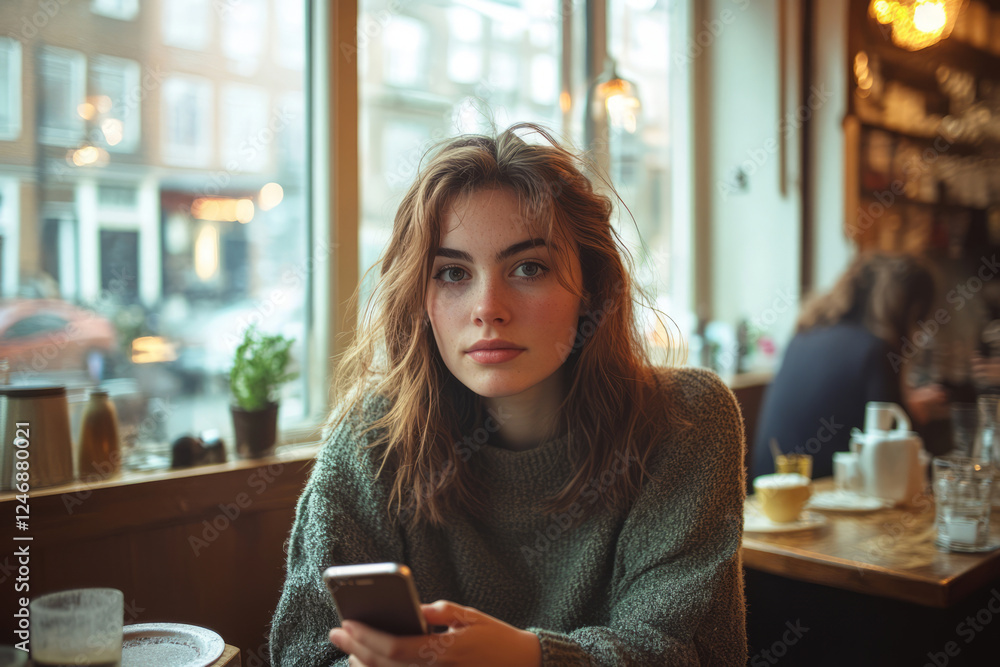 Young woman with wavy hair using smartphone in cozy cafe Young woman with wavy hair using smartphone in cozy cafe