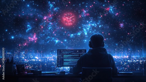 Wallpaper Mural A solitary figure immersed in a digital universe, staring at glowing screens while cosmic elements illuminate a night cityscape, evoking a sense of wonder and exploration. Torontodigital.ca