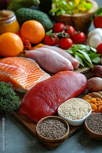 Uric acid purine metabolism. Gout medical. Image of a food pyramid emphasizing high-purine foods.