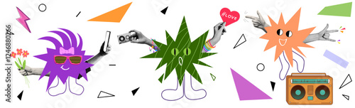 Humorous haos Trendy collage banner with geometric Hand Drawn Abstract Shapes. Funny Comic Characters. Vector graphics.