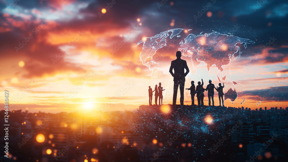 Fototapeta premium Empowered business team standing against sunset with world map. scene conveys global connectivity and collaboration in vibrant urban setting