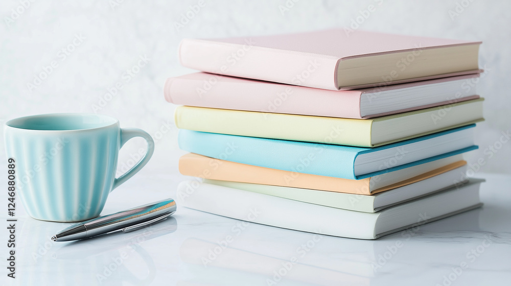 Sleek stack of modern books in pastel and vibrant tones on a white marble surface, with a stylish pen and ceramic coffee cup, creating an elegant, contemporary workspace atmosphere. Sleek stack of modern books in pastel and vibrant tones on a white marble surface, with a stylish pen and ceramic coffee cup, creating an elegant, contemporary workspace atmosphere.
