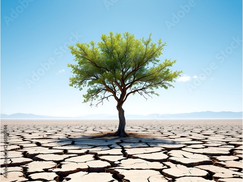 Lone green tree standing in cracked, dry land under a blue sky, representing climate change, drought, resilience, and environmental impact.