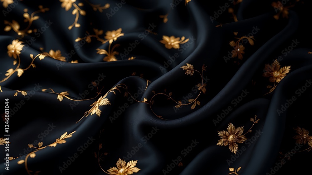 Obraz premium Black luxury cloth, silk satin velvet, with floral shapes, gold threads, luxurious wallpaper, elegant abstract design
