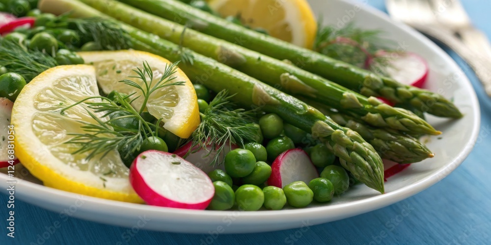 Fresh asparagus salad with lemon, peas, radishes, and dill on a blue table setting Fresh asparagus salad with lemon, peas, radishes, and dill on a blue table setting