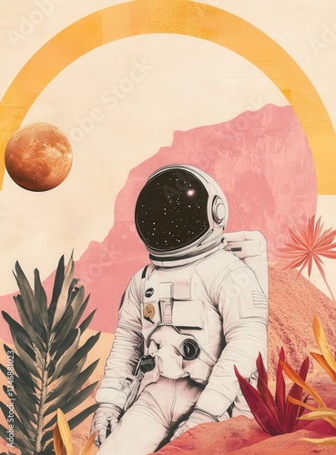 Astronaut In Desert Landscape Collage With Pastel Colors