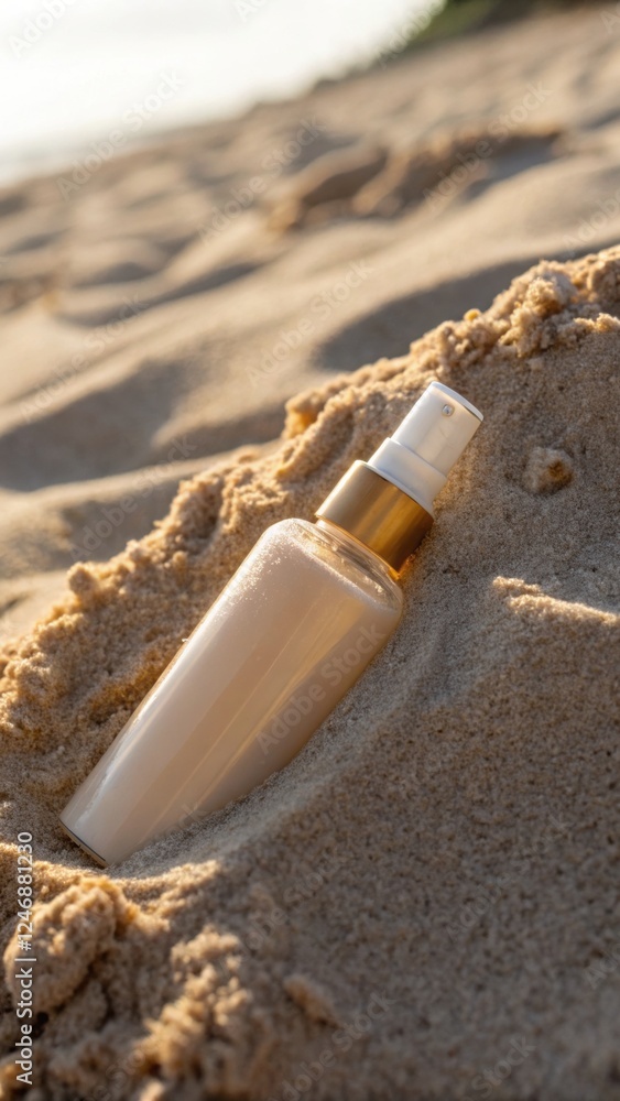 Sunscreen bottle partially buried in beach sand under sunlight Sunscreen bottle partially buried in beach sand under sunlight