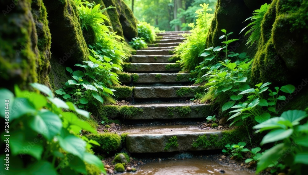 Moss and ferns create a verdant oasis on ancient stone stairway, moss, foliage, green Moss and ferns create a verdant oasis on ancient stone stairway, moss, foliage, green