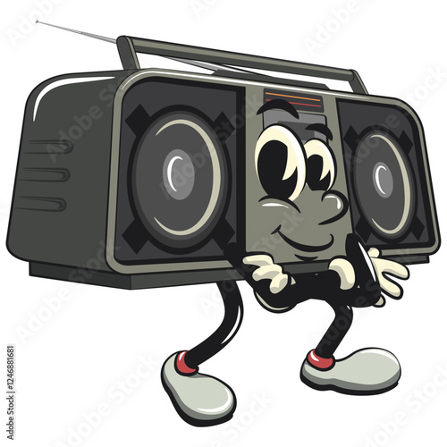 Cartoon retro groovy tape recorder boombox character folding his arms calmly, isolated vector vintage, work of hand drawn