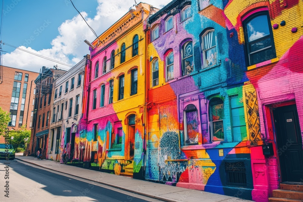 Fototapeta premium A vibrant urban neighborhood with colorful buildings, street art, A vibrant scene of colorful houses adorned with beautifully painted flowers, showcasing artistic charm and creativity.