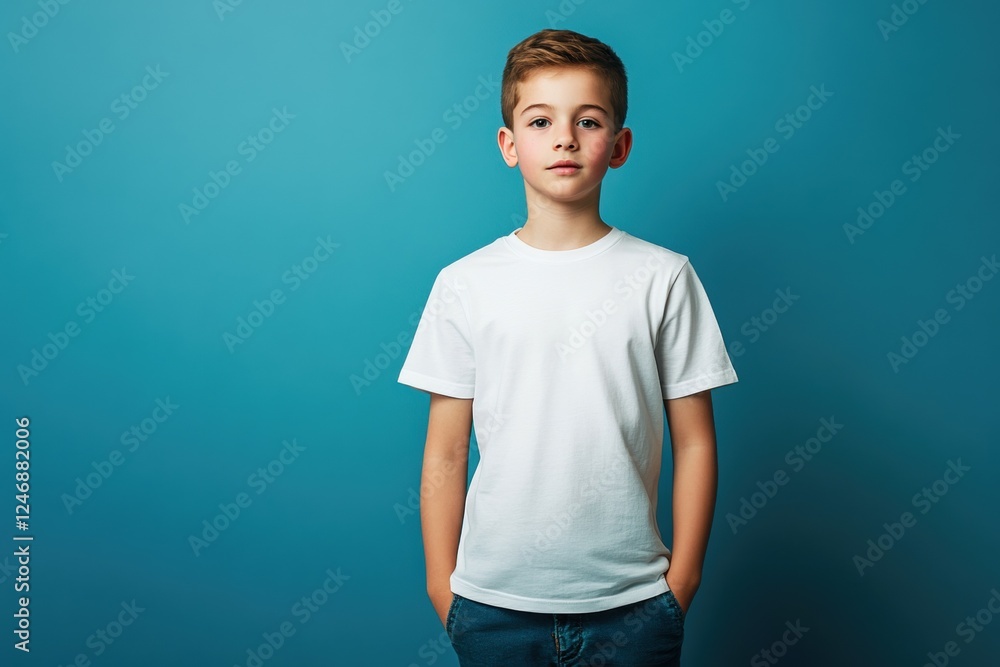 Confident young boy posing against blue background in casual white t-shirt Confident young boy posing against blue background in casual white t-shirt