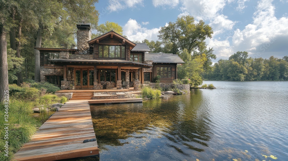 Fototapeta premium Lakeside log cabin with stonework, deck, and dock.
