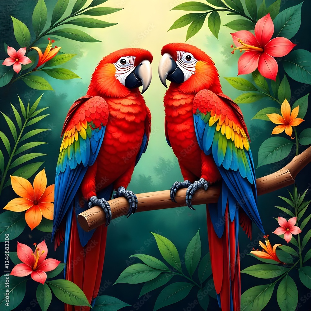 Fototapeta premium Charming oil painting f pair f colorful parrot
