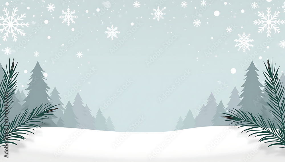 Obraz premium Winter landscape with pine trees and snowflakes
