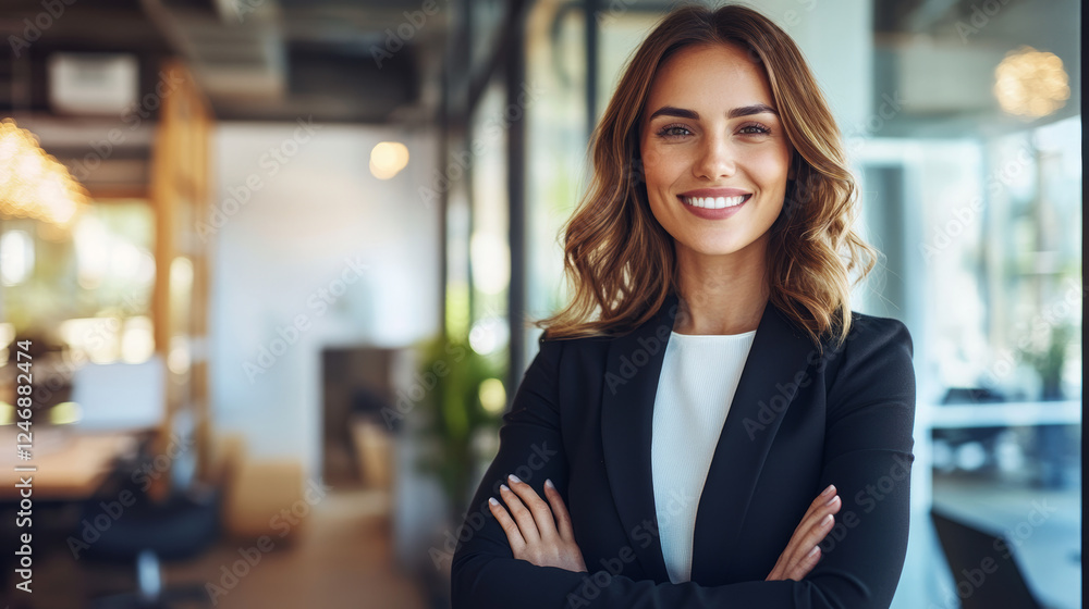 Smiling businesswoman in a modern office environment, showcasing confidence, professionalism, and approachable elegance.
Smiling businesswoman in a modern office environment, showcasing confidence, professionalism, and approachable elegance.