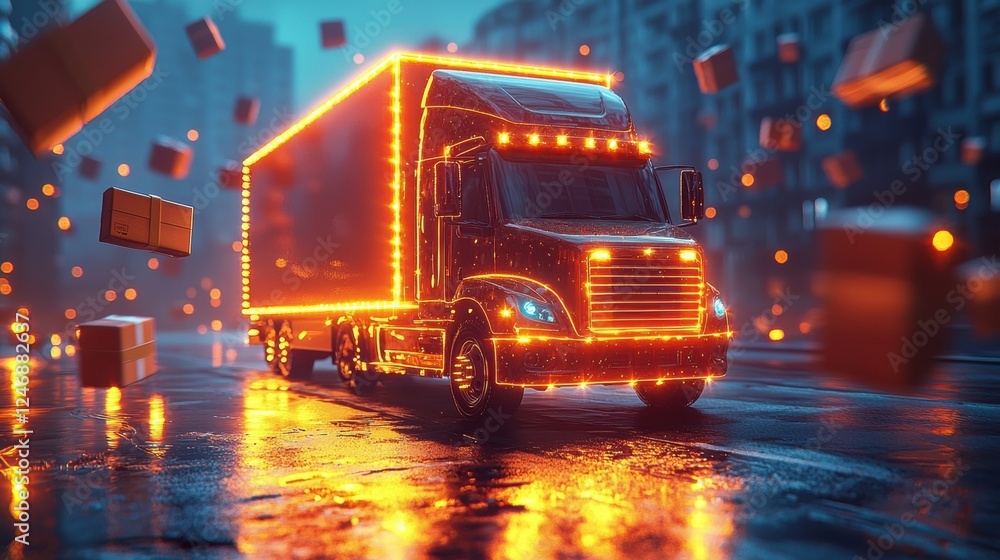 Fototapeta premium Glowing Delivery Truck in Urban Environment with Flying Packages, Highlighting Modern Logistics and Transportation in a Futuristic Night Scene