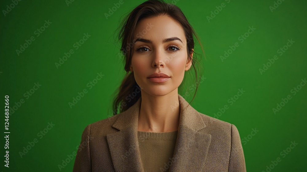 Fototapeta premium Portrait of a Confident Woman in Professional Attire Against a Green Background