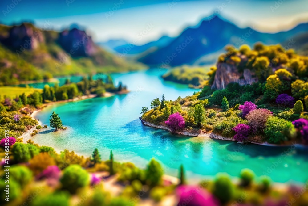 Naklejka premium Miniature Whimsical Landscape: Turquoise and Purple Gradient Tilt-Shift