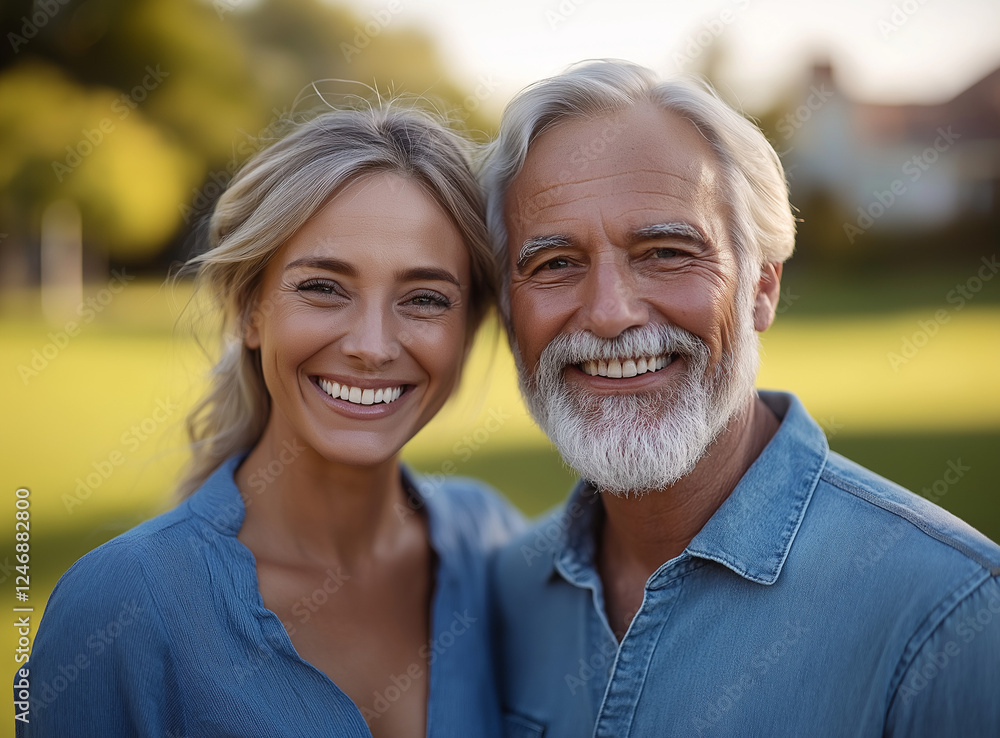 A joyful senior couple sits together on the grass in a beautiful outdoor park, smiling and embracing each other. The warm natural lighting enhances the serene and loving atmosphere, A joyful senior couple sits together on the grass in a beautiful outdoor park, smiling and embracing each other. The warm natural lighting enhances the serene and loving atmosphere,